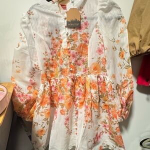 Main Strip Floral Mini Dress - White and Orange